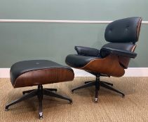 AFTER CHARLES & RAY EAMES, model 670 style lounge chair and 671 style ottoman stool, black