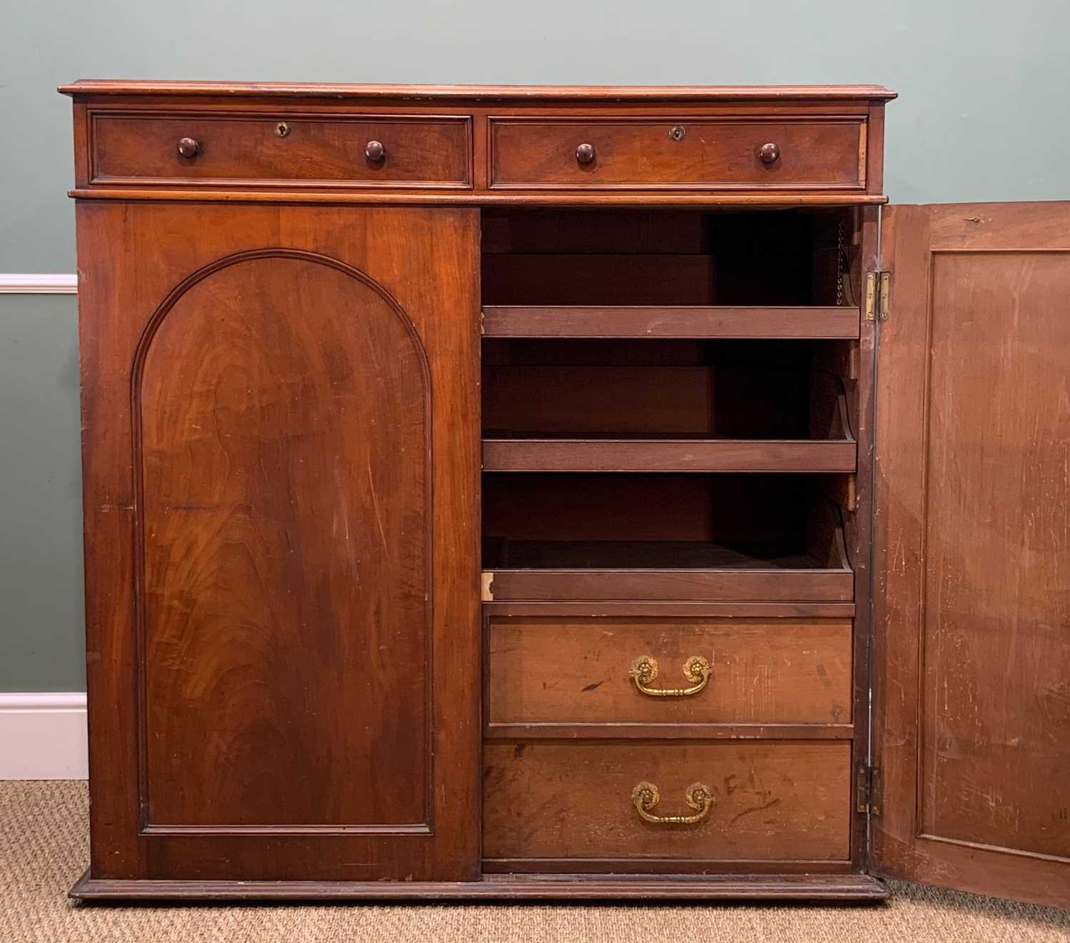 19TH CENTURY MAHOGANY CABINET, fitted two drawers above arch panelled doors enclosing sliding - Image 2 of 7