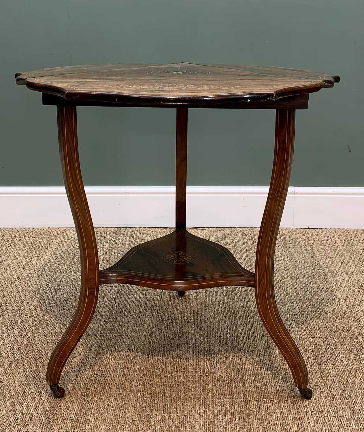 LATE 19TH CENTURY ROSEWOOD TRIANGULAR OCCASIONAL TABLE, shaped drop-flap top with boxwood stringing, - Image 2 of 7