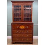 GOOD 19TH CENTURY MAHOGANY MARQUETRY SECRETAIRE BOOKCASE, moulded cornice, inlaid frieze and door