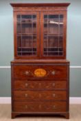 GOOD 19TH CENTURY MAHOGANY MARQUETRY SECRETAIRE BOOKCASE, moulded cornice, inlaid frieze and door