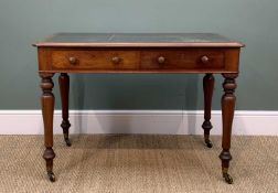 VICTORIAN MAHOGANY WRITING TABLE, leather writing surface inset in the moulded top, fitted two