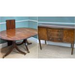 19TH CENTURY MAHOGANY TWIN PEDESTAL DINING TABLE, double reeded solid top on turned columns and