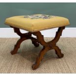 VICTORIAN WALNUT X-FRAME STOOL, floral woolwork upholstery, 52w x 46h x 50cms d