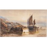 MANNER OF JOHN MOGFORD watercolour - 'Whitesands Landsend', beached boat being loaded by horse and