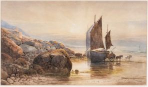 MANNER OF JOHN MOGFORD watercolour - 'Whitesands Landsend', beached boat being loaded by horse and