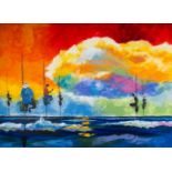 ISUZU JEENWANTHA acrylic on canvas - large and vibrant study of S.E Asian stilt fishermen, signed,