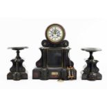 LATE 19TH CENTURY SLATE CLOCK GARNITURE, with tazza supporters, 8-day two train movement striking