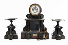 LATE 19TH CENTURY SLATE CLOCK GARNITURE, with tazza supporters, 8-day two train movement striking