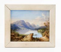 ATTRIBUTED TO RICHARD ABLOTT (1815-1895) painted porcelain plaque with view of Loch Achray, 19 x
