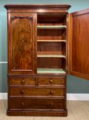 VICTORIAN WALNUT LINEN PRESS, ovolo cornice above arched doors with carved foliate spandrels,
