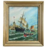 EARLY 20th CENTURY NAIVE SCHOOL, oil on board, ships and skiffs leaving harbour in choppy seas,