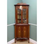 EDWARDIAN MAHOGANY MARQUETRY STANDING CORNER CABINET, inlaid with floral garlands and swags, the