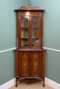 EDWARDIAN MAHOGANY MARQUETRY STANDING CORNER CABINET, inlaid with floral garlands and swags, the