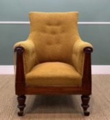 WILLIAM IV MAHOGANY BERGERE, moulded uprights and seat rail, turned legs, brass caps and ceramic