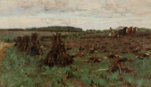 BRITISH SCHOOL CIRCA 1900 oil on canvas - Ploughing, three horses drawing a plough with haystacks to