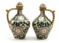 PAIR EMILE FISCHER POTTERY 'ISLAMIC' FLASKS, each decorated in the Zsolnay Pecs 'Iznik' style with