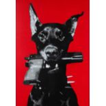 ‡ MR HOPE (20th Century) aerosol stencil on canvas - 'Man's Best Friend', doberman with revolver, 57