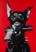 ‡ MR HOPE (20th Century) aerosol stencil on canvas - 'Man's Best Friend', doberman with revolver, 57