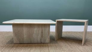TWO MODERN TRAVERTINE OCCASIONAL TABLES, comprising a two-part coffee table 37h x 75w x 70cms d; and