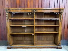 FINE 19TH CENTURY ORMOLU MOUNTED POLLARD OAK LIBRARY BOOKCASE, stepped top, adjustable shelves,