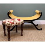 TWO ANTIQUE STOOLS comprising Regency style X-frame window seat, ebonised frame with gilt metal