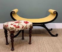 TWO ANTIQUE STOOLS comprising Regency style X-frame window seat, ebonised frame with gilt metal