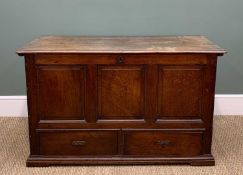 18TH CENTURY JOINED OAK MULE CHEST, triple plank moulded top above triple panelled front and 2 apron