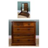 LATE VICTORIAN WALNUT CHEST & DRESSING MIRROR, chest fitted 5 drawers with art nouveau pressed metal