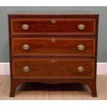 19TH CENTURY MAHOGANY CROSSBANDED CHEST, fitted 3 drawers, draped apron between bracket feet, 89h
