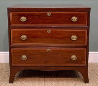19TH CENTURY MAHOGANY CROSSBANDED CHEST, fitted 3 drawers, draped apron between bracket feet, 89h