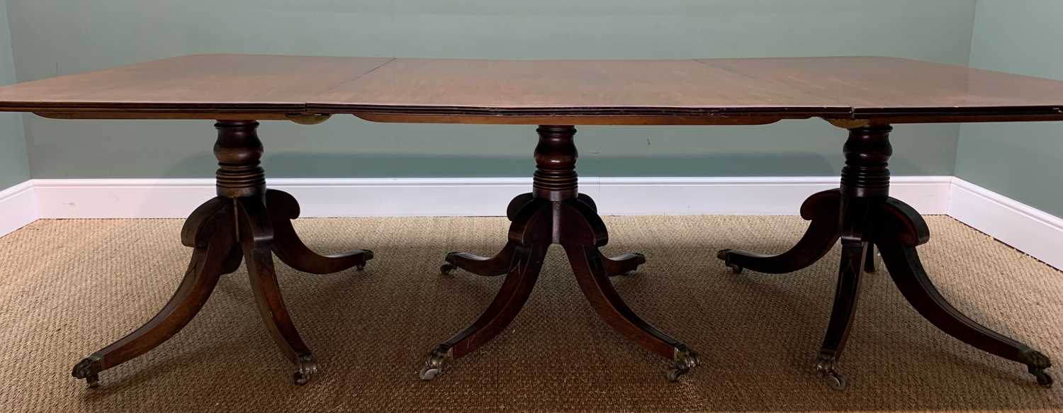 REGENCY TRIPLE-PEDESTAL MAHOGANY DINING TABLE, double reeded top above ringed columns, with brass - Image 4 of 11