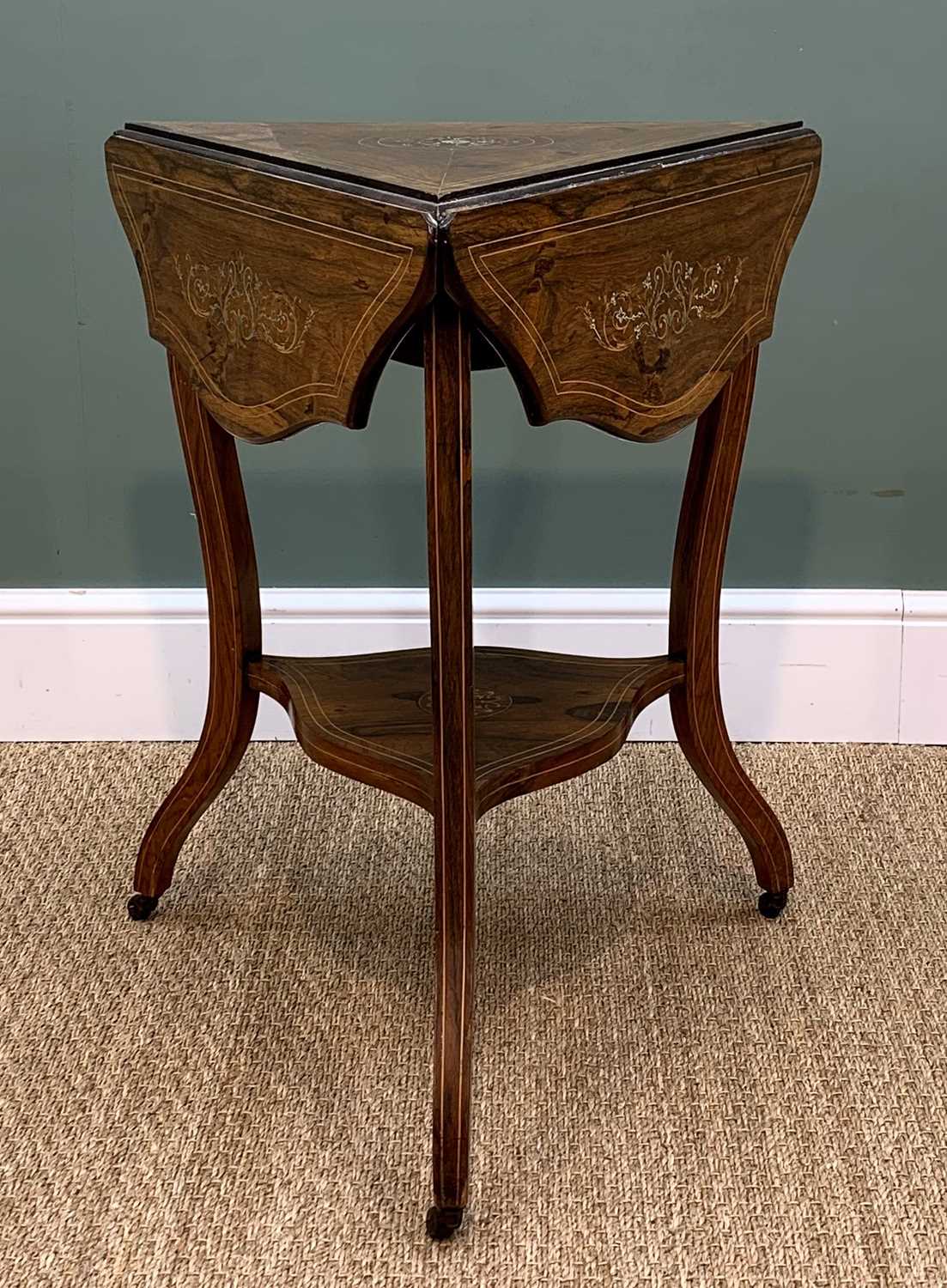 LATE 19TH CENTURY ROSEWOOD TRIANGULAR OCCASIONAL TABLE, shaped drop-flap top with boxwood stringing, - Image 5 of 7