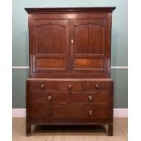 LATE 18TH CENTURY WELSH JOINED OAK CUPBOARD, moulded cornice above shaped arch panelled doors and