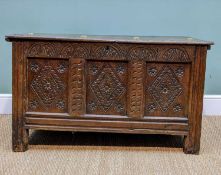JOINED OAK COFFER, late 17th/early 18th Century, 2-plank top with later hinges, carved arcaded
