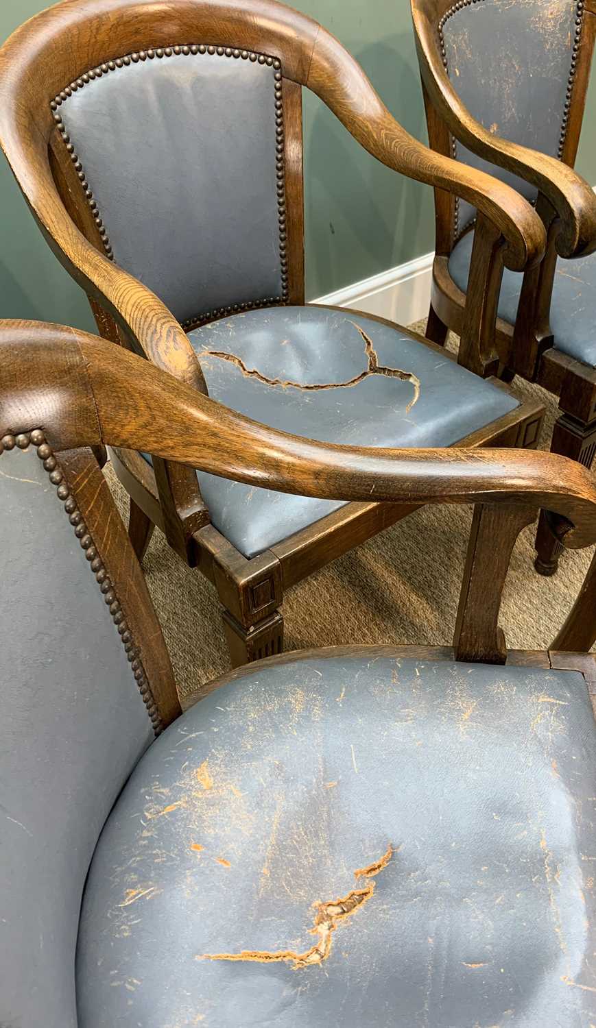 SET TEN EARLY 20TH CENTURY STAINED BEECH ARMCHAIRS, downward swept arms, on fluted square section - Image 7 of 7