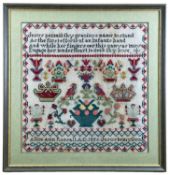LATE VICTORIAN NEEDLEWORK SAMPLER by Alice Ann Rossall, dated 1896, decorated with finches,
