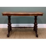 MID-VICTORIAN FIGURED WALNUT TRESTLE TABLE, shaped moulded top on lobed baluster supports and