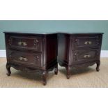 PAIR FRENCH STYLE STAINED HARDWOOD TWO-DRAWER BEDSIDE CHESTS, 65h x 66w x 40cms d (2)