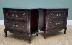 PAIR FRENCH STYLE STAINED HARDWOOD TWO-DRAWER BEDSIDE CHESTS, 65h x 66w x 40cms d (2)