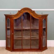 DUTCH WALNUT WALL CABINET, arched astragal glazed door, glazed angled sides, two shaped shelves,