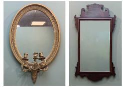 MAHOGANY GEORGIAN-STYLE FRET MIRROR, 69 x 38cms, together with VICTORIAN GILT GESSO GIRANDOLE with