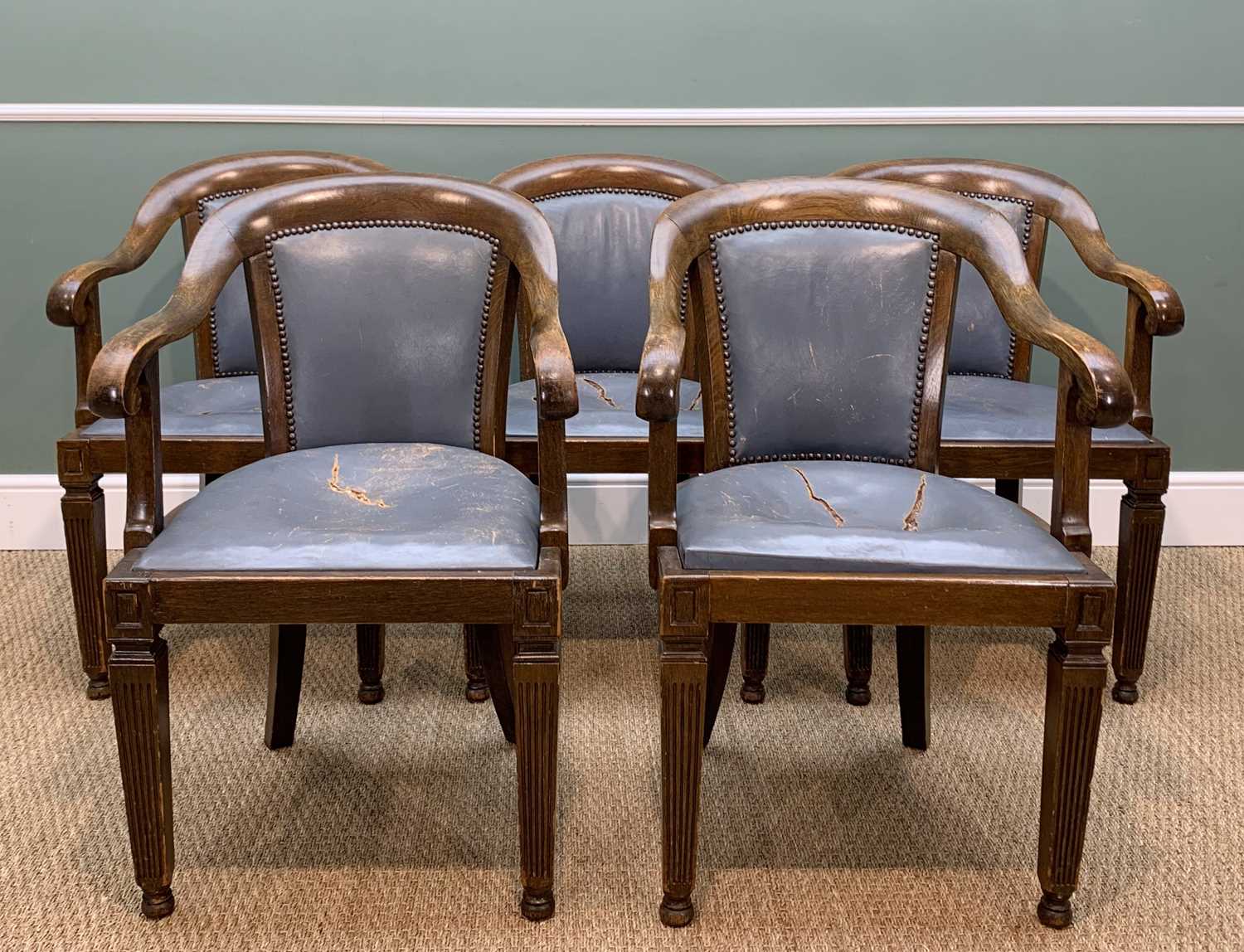 SET TEN EARLY 20TH CENTURY STAINED BEECH ARMCHAIRS, downward swept arms, on fluted square section - Image 6 of 7