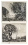 FRITZ KROSTEWITZ AFTER JEAN-BAPTISTE-CAMILLE COROT two drypoint etchings - peasant under tree