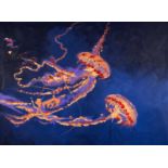 ‡ RHIAN FIELD (20th Century) oil on canvas - entitled 'Fire Down Below', signed with initial,