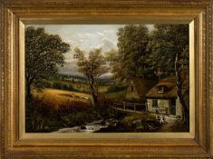 JOHN BRANDON SMITH (1848-1884) oil on canvas - 'View Near Darlington', stone cottage with children