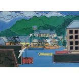 ‡ STAN ROSENTHAL colour print - harbour scene with anchored boats, 17.5 x 24.5cms Comments: framed