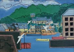 ‡ STAN ROSENTHAL colour print - harbour scene with anchored boats, 17.5 x 24.5cms Comments: framed