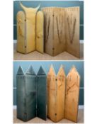 FOUR DECORATIVE WESTERN-STYLE LEATHER COVERED ROOM DIVIDERS, two with pointed tops and applied