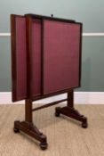 EARLY 19TH CENTURY MAHOGANY FIRESCREEN, with three rising/sliding purple fabric-lined leaves, on